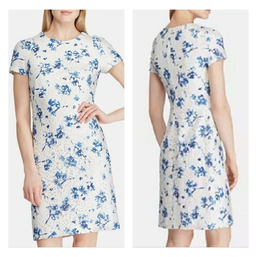 LAUREN RALPH LAUREN White/Blue Mulberry Floral Lace Sheath Midi Dress, Sz 10